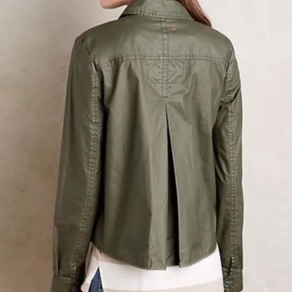 Hei Hei Anthropologie Jacket Small Green Wax Coated Collared Solid Button Long S - Picture 2 of 12